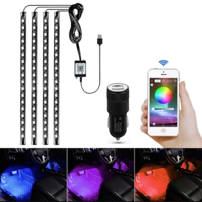 Afbeelding van AIGUOZER Auto binnenverlichting, 4 x 18 leds, vloerverlichting met app, sfeerverlichting, meerkleurig, USB poort en afstandsbediening, energieklasse A+++