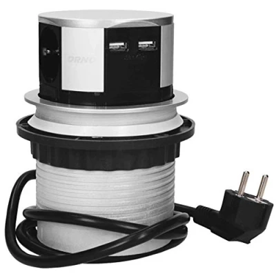 Afbeelding van Orno Lift up Stekkerdoos 3 stopcontact USB A Inbouw Stekkertoren met kabel 1.5 meter Zilver