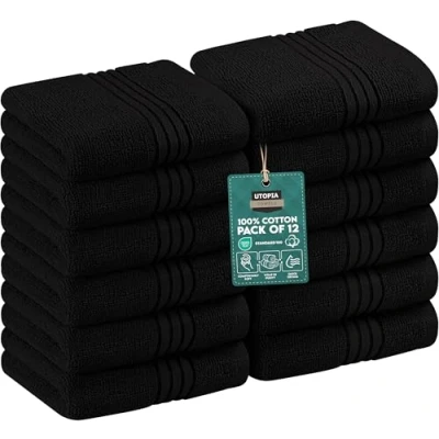 Afbeelding van Utopia Towels 12 washandjes (30 x 30 cm), 100% katoen, sterk absorberend en zacht aanvoelende voor badkamer, spa, sportschool gezichtshanddoek (zwart)