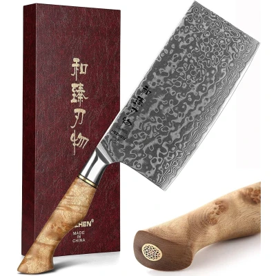 Afbeelding van Professioneel 7&quot; Hakmes / Cleaver VG10 Damascus staal (67 lagen) HEZHEN B30 Series Handvat van Plataanhout met Klinknagel Mozaïek
