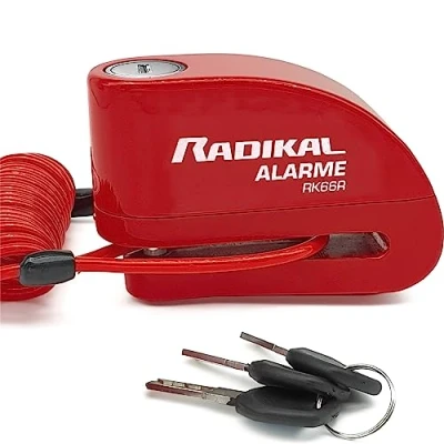 Afbeelding van RADIKAL RK66R Motorfietsslot voor motorfiets, alarm, 110 db, universeel, scooter, diefstalbeveiliging, fiets, 3 sleutels, herinneringskabel 1,5 m, rugzak en reservebatterijen