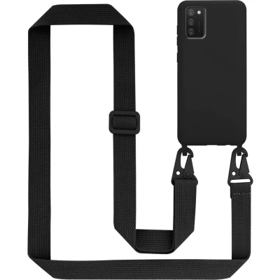 Afbeelding van Cadorabo Mobiele telefoon ketting geschikt voor Samsung Galaxy A02s in LIQUID ZWART Silicone beschermhoes met lengte verstelbare koord riem