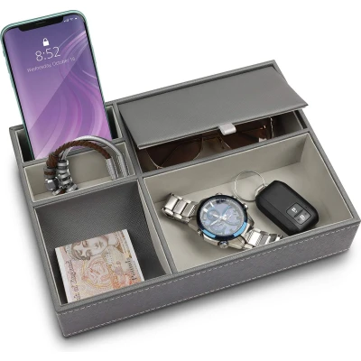 Afbeelding van Belle Vous Grijs Faux Lederen 5 Compartimenten Valet Lade/Nachtkastjesorganiser Lade Bureau Opslag Doos Voor Beurs, Telefoon, Sleutels, Sieraden, Mannen Accessoires, Geld, Armbanden Juwelenopslag
