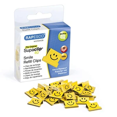 Afbeelding van Rapesco 1380 Supaclip 40 glimlachende navulklemmen, geel, 100 stuks
