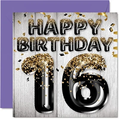 Image de Stuff4 Carte d&#039;anniversaire 16 ans pour garçons Ballons noirs et dorés à paillettes Cartes garçon, fils, frère, petit cousin, 145 mm x