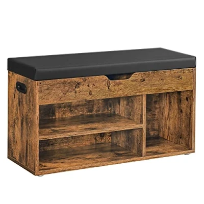 Afbeelding van VASAGLE schoenbank, bank, gestoffeerd, 3 open compartimenten, opbergruimte onder de zitting, schoenenrek, hal, woonkamer, slaapkamer, tot 150 kg draagvermogen, vintage, donkerbruin LHS30BX