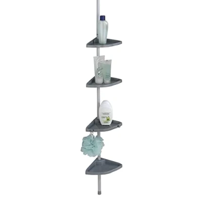 Afbeelding van WENKO Easy zilveren telescopische doucheplank, 4 planken, 8 haken, aluminium, 26 x 78 265 19,5 cm, zilver