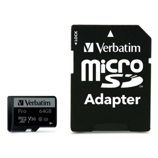 Afbeelding van Verbatim microSDXC kaart 64GB, PRO, U3, UHS I, 4K UHD (R) 90MB/s, (W) 45MB/s, SD adapter, blisterver