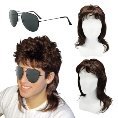 Afbeelding van XNIVUIS Vokuhila Set van 2 pruiken Voor heren, bruin krullend blonde pruik uit de jaren 80 cosplay 70 en Halloween kostuum Disco Punk Rocker