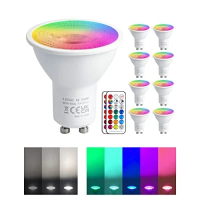 Afbeelding van REYLAX RGB GU10 led lamp, kleurverandering, 5 W, komt overeen met 50 450 lm, koudwit, led, GU10, dimbaar, lampen, afstandsbediening, infrarood, 8 stuks