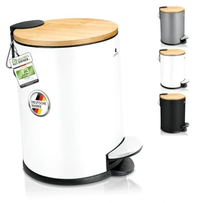 Afbeelding van EXITOSO Originele badkamerprullenbak voor badkamer, antislip dankzij bodem, pedaalemmer van bamboe met houten deksel automatisch softclose systeem, afvalemmer 3