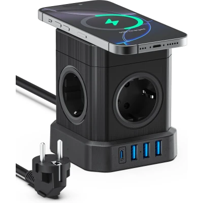 Afbeelding van Voomy Cube Stekkerdoos met Draadloze Oplader 20W Snellader Aan / Uit schakelaar 5 Stopcontacten 4 USB Poorten Powercube, Verlengsnoer Zwart