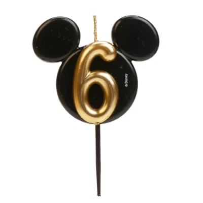 Image de dekora Décoration de bougie d&#039;anniversaire Mickey Mouse Bougies Disney en cire paraffine sans parfum noires et dorées avec oreilles Taille 8,5 cm Numéro 6