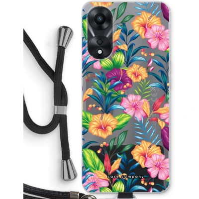 Afbeelding van Case Company® hoesje met Koord geschikt voor Oppo A58x Tropisch 2 Telefoonhoesje Zwart Bescherming aan alle Kanten en Over de Schermrand