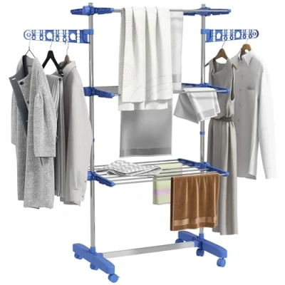 Afbeelding van HOMCOM Droogrek, opvouwbaar, zijvleugels, voor binnen en buiten, 142 x 55 172 cm, 4 niveaus, grijs (blauw, 152 cm)