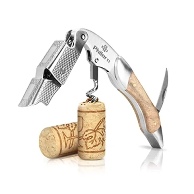 Afbeelding van Philorn Professionele kurkentrekker, flesopener, capsulesnijder, roestvrij staal, met wit houten handvat, beste keuze voor huisvrouwen, sommeliers, obers, barmannen