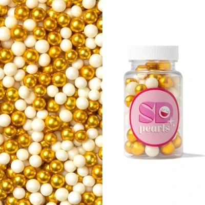 Afbeelding van SD Pearls Perles de sucre comestibles XXL 10 mm en or et blanc Boules brillantes pour mariage, gâteaux, cupcakes gâteaux fête Décoration gâteau qualité supérieure (mélange