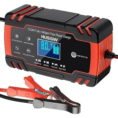 Afbeelding van Intelligente batterijlader, 12 V/24 V, 8 A Onderhoud en automatische reparatie, draagbaar, met LCD display, voor auto, motorfiets, vrachtwagen, AGM, Gel, Wet, SLA (8 100 Ah) (zwart rood)