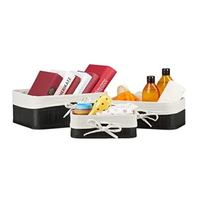 Afbeelding van Relaxdays 6 delige opbergmanden set bamboe &amp; stof opbergboxen stapelbaar zwart
