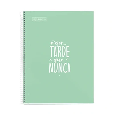 Image de Miquelrius, Cahier de messages, 1 bande couleur, 80 feuilles lignées horizontales, papier 90 g, 4 trous, couverture en carton dur, couleur menthe