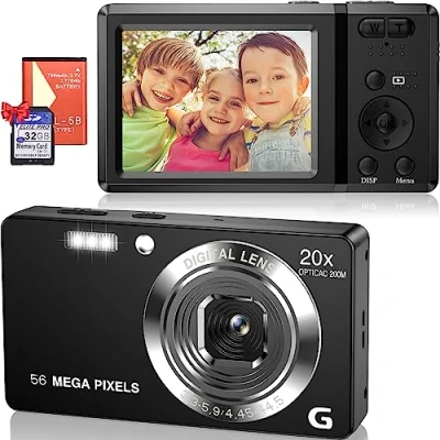 Afbeelding van digitale camera, 56 MP, 4 K, HD, compact, kindercamera met kaart, 32 GB, zoom, 20 x display, 2,7 inch, oplaadbare voor studenten, volwassenen, beginners, cadeau