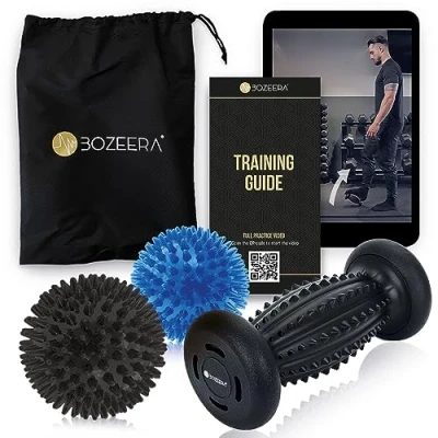 Afbeelding van BOZEERA Voetmassage Roller Set Voetroller Spiky Massageballen Massage Bal Triggerpoint Plantar Fasciitis Massageroller (3 stuks) Inclusief Video Poster &amp; Tas