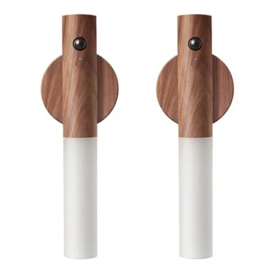 Afbeelding van LANDGOO Set van 2 houten nachtlampje met bewegingsmelder, magnetisch lichaam, oplaadbare draadloze led wandlampen, draagbare decoratie, werkt op batterijen, binnenverlichting voor