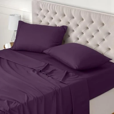Afbeelding van Utopia Bedding Beddengoed, 180 x 200 cm, bedlaken voor tweepersoonsbed, 4 delige beddengoedset, polyester microvezel, 1 hoeslaken 200, laken 270 290 cm en 2 kussenslopen 50 75 paars