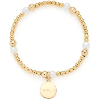 Afbeelding van Leonardo Jewels Mathilde 024275 Elastische armband van goudkleurige roestvrijstalen kralen, imitatieparels en muntplaatjes, 19,5 cm lang, Eine Grösse, Roestvrij staal, geen edelsteen,