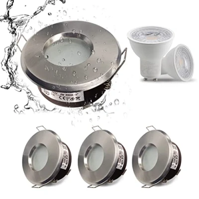 Afbeelding van 4XSweier led plafondlamp GU10 IP65 5 W warm wit 3000 K (inclusief lamp), waterdichte voor badkamer, 68 mm, downlight van satijn, nikkel