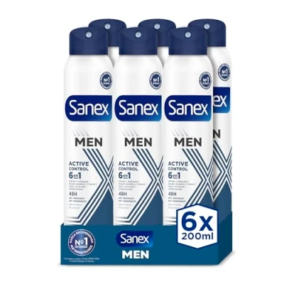 Afbeelding van Sanex Men Active Control Deospray voor heren, verpakking van 6, 48 uur bescherming, anti irritatie, 0% alcohol, bestrijdt slechte geurtjes, langdurig, 6 stuks