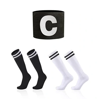 Afbeelding van 2 paar voetbalsokken voor kinderen en 1 sportarmband, lange buis boven de knieën, antislip ademende voetbalsokken, geschikt voetbal, looptraining (7 13 jaar), zwart, eenheidsmaat, zwart.