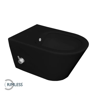 Afbeelding van Wiesbaden Stereo wandcloset rimless met bidetkraan koudwater mat zwart