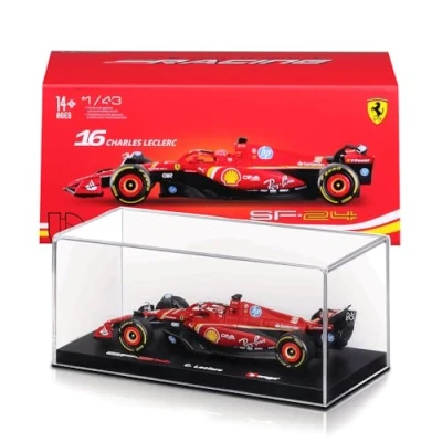 Image de Bburago Ferrari SF 24#16 Charles Leclerc Imola GP 2024, Échelle 1:43, Modèle réduit avec casque et boîte d&#039;exposition, Détails réalistes, Licence officielle Ferrari, Age 14+.