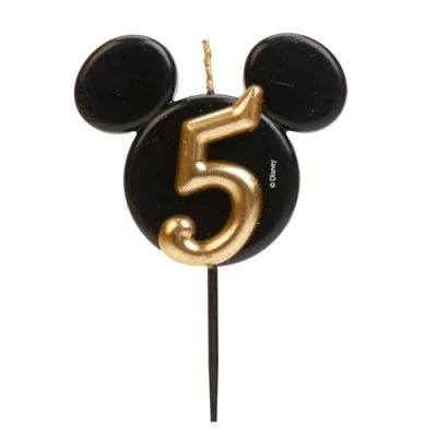 Afbeelding van dekora Mickey Mouse verjaardagskaars decoratie Disney kaarsen van paraffinewas zonder geur Zwarte en gouden met oren Maat 8,5 cm Nummer 5