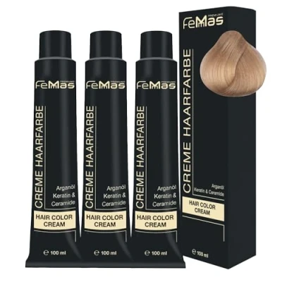 Image de FemMas Lot de 3 teintures pour cheveux, crème à l&#039;huile d&#039;argan, kératine, céramides, coloration permanente, résultats couleur éclatants, durables, blond clair, dorés, 10.3 l, 100 ml