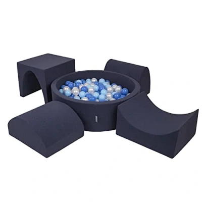 Afbeelding van KiddyMoon Speelplaats van schuimrubber met ronde bak ballen (200) voor kinderen, donkerblauw: babyblauw, blauw en paarlemoer