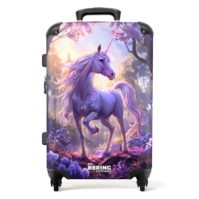 Afbeelding van NoBoringSuitcases.com Grote koffer Portret van een eenhoorn tussen paarse bloemen Kinderkoffer meisjes Reiskoffer met 4 wielen Trolley op wieltjes Rolkoffer groot kinderen 72 liter Ruimbagage valies 20kg