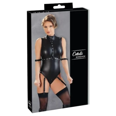 Afbeelding van Cottelli Collection Bondage jarretel set met arm boeien en toegankelijk kruis borsten Maat L Zwart