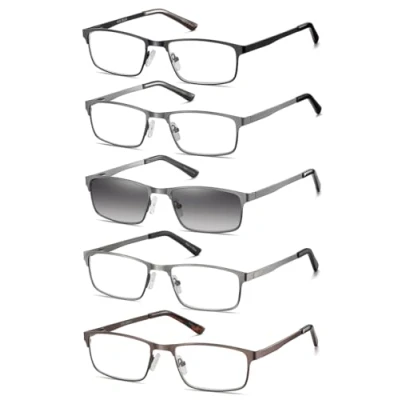 Afbeelding van Amcedar 5 pack Reading Glasses Men Metal Frame Spring Hinges Rectangle Style Brushed Grey Roestvrij staal Materiaal Readers 2.5 Dioptrien kleuren mengen