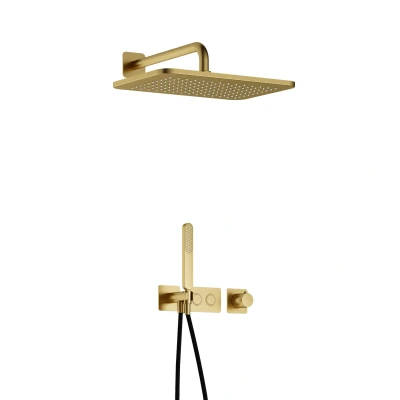 Afbeelding van Hotbath Gal Regendoucheset IBS41 Geborsteld Messing PVD Staaf Handdouche 40cm Hoofddouche Wandarm