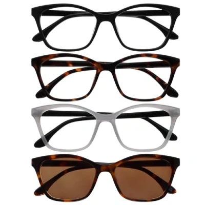 Image de OPULIZE KAT Lot de 4 lunettes lecture et soleil Monture à yeux chat noir/marron/gris/marron homme femme RRRS59 1272 +1.50, Noir brillant marron tacheté gris clair