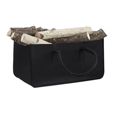 Afbeelding van Relaxdays houtmand van vilt haardhout tas draagtas vilttas flexibel opbergmand zwart