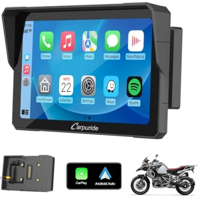 Afbeelding van Carpuride W702B CarPlay motordisplay met aangepaste houder voor BMW, Wireless en Android Auto, 7 inch waterdicht touchscreen, dual Bluetooth, Siri navigatie.