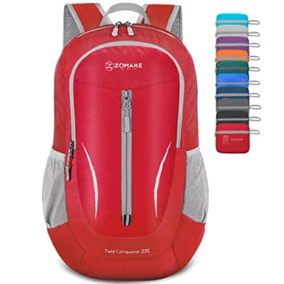 Afbeelding van ZOMAKE rugzak van 35 liter, opvouwbaar, licht, voor wandelen, opvouwbare dagrugzak dames en heren, sport outdoor 25L (rood)