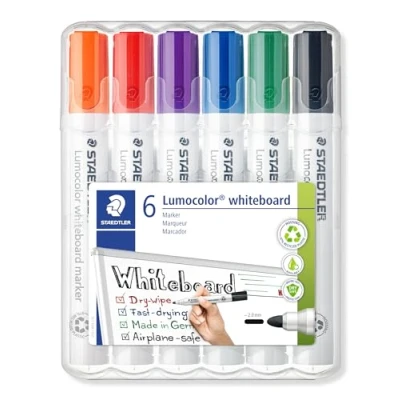 Afbeelding van Staedtler Lumocolor 351 Whiteboard marker, droog afwisbaar, zonder xyleen, tolueen en vrijwel geurloos, 2 mm ronde punt, schildersezel etui met 6 verschillende kleuren, WP6