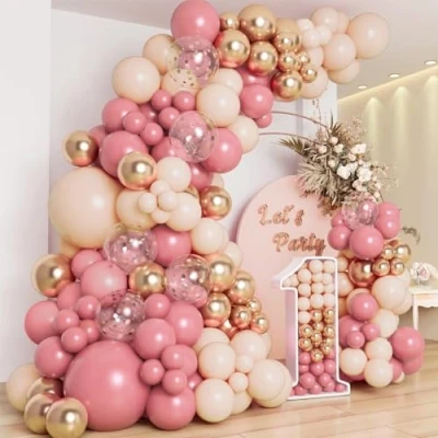 Afbeelding van roze ballonboog, verjaardagsdecoratie, ballon, zachte oranje en gouden ballonnen, ballonboog voor decoratie bruiloft, verjaardag, 1 jaar, doop, meisje, babyshower