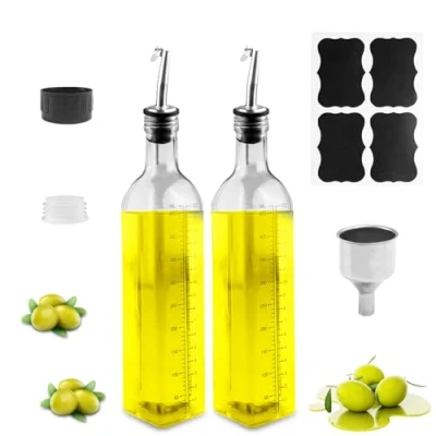 Afbeelding van Gvolatee 2 X Olijfoliedispenser met schenktuit 500ml, roestvrijstalen trechter, etiketten, glazen azijncontainer voor koken, grillen, bakken, salade
