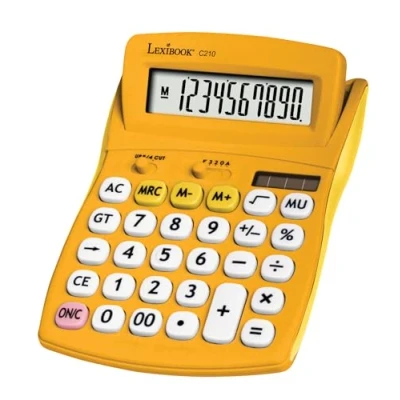 Afbeelding van Lexibook, FRUITIES® C210D Bureaurekenmachine met kantelbaar display, 10 cijfers, basis en geavanceerde functies, grote toetsen, zonne energie werkt op batterijen, geel