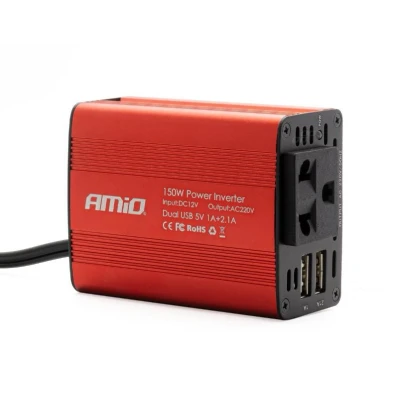 Afbeelding van AMiO Stroom Omvormer 12V/230V Sigarettenplug naar Stopcontact Rood (2 x USB) 150W/300W